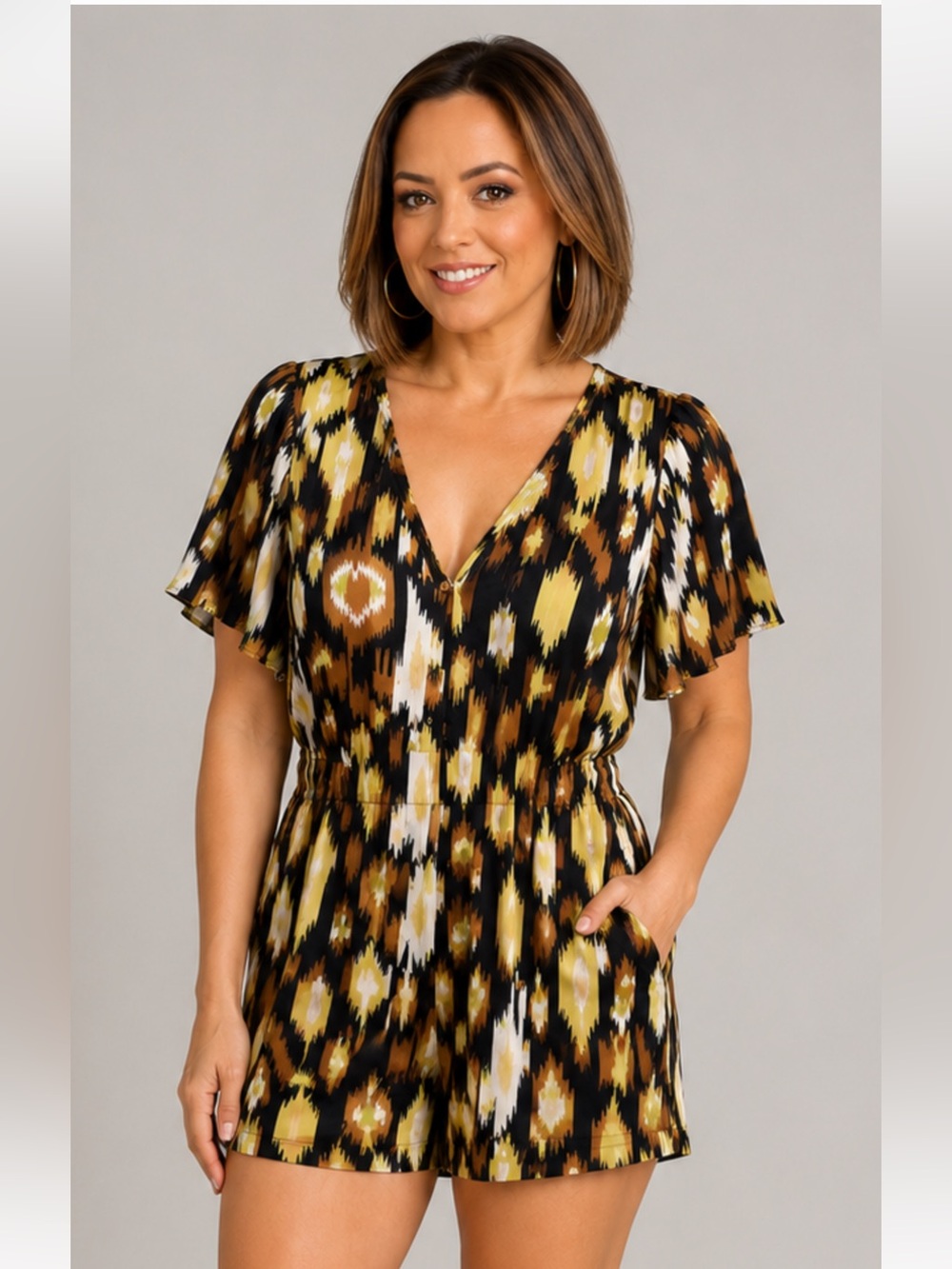 Anthropologie Ikat-Print V-Neck Mini Dress in Black, Brown & Yellow - Large